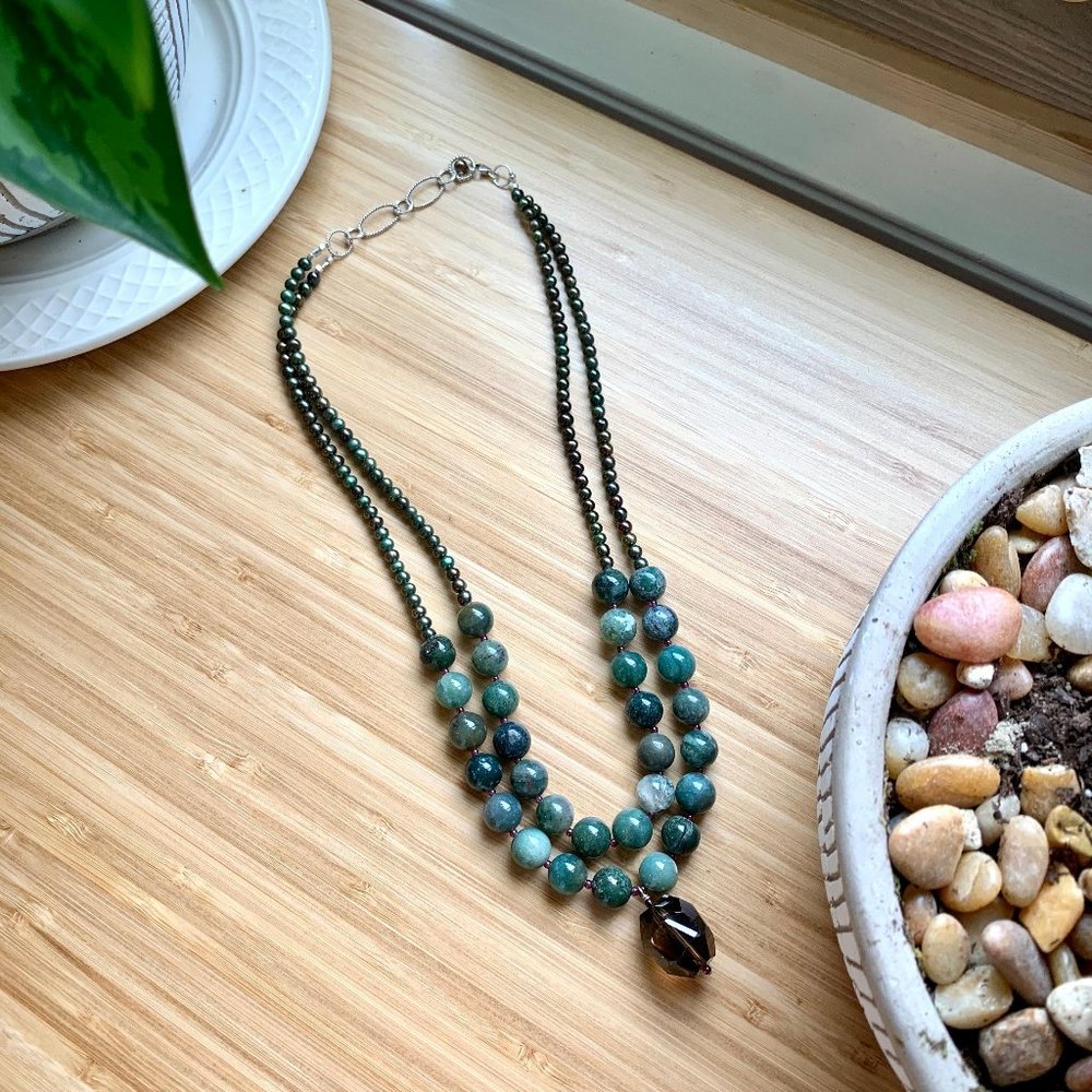 Green pearl & topaz multistrand necklace
